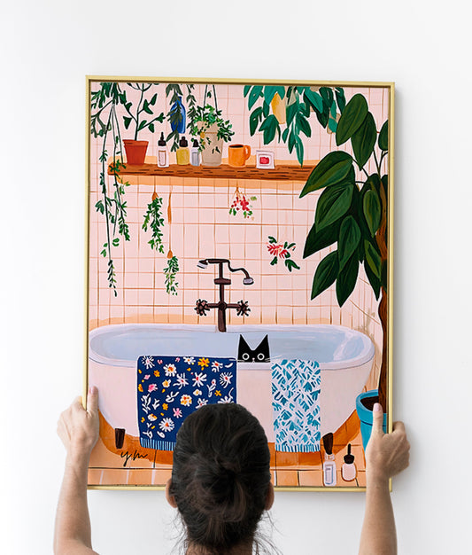Funny wall art featuring a black cat peeking out of a bubble-filled bathtub in a floral orange and pink bathroom. The whimsical cat expression adds humor and charm to the decor. Surrounded by soft botanical elements and pastel tones, this printable artwork is ideal for bathroom or toilet decor and makes a perfect housewarming gift for cat lovers or pet-friendly homes.