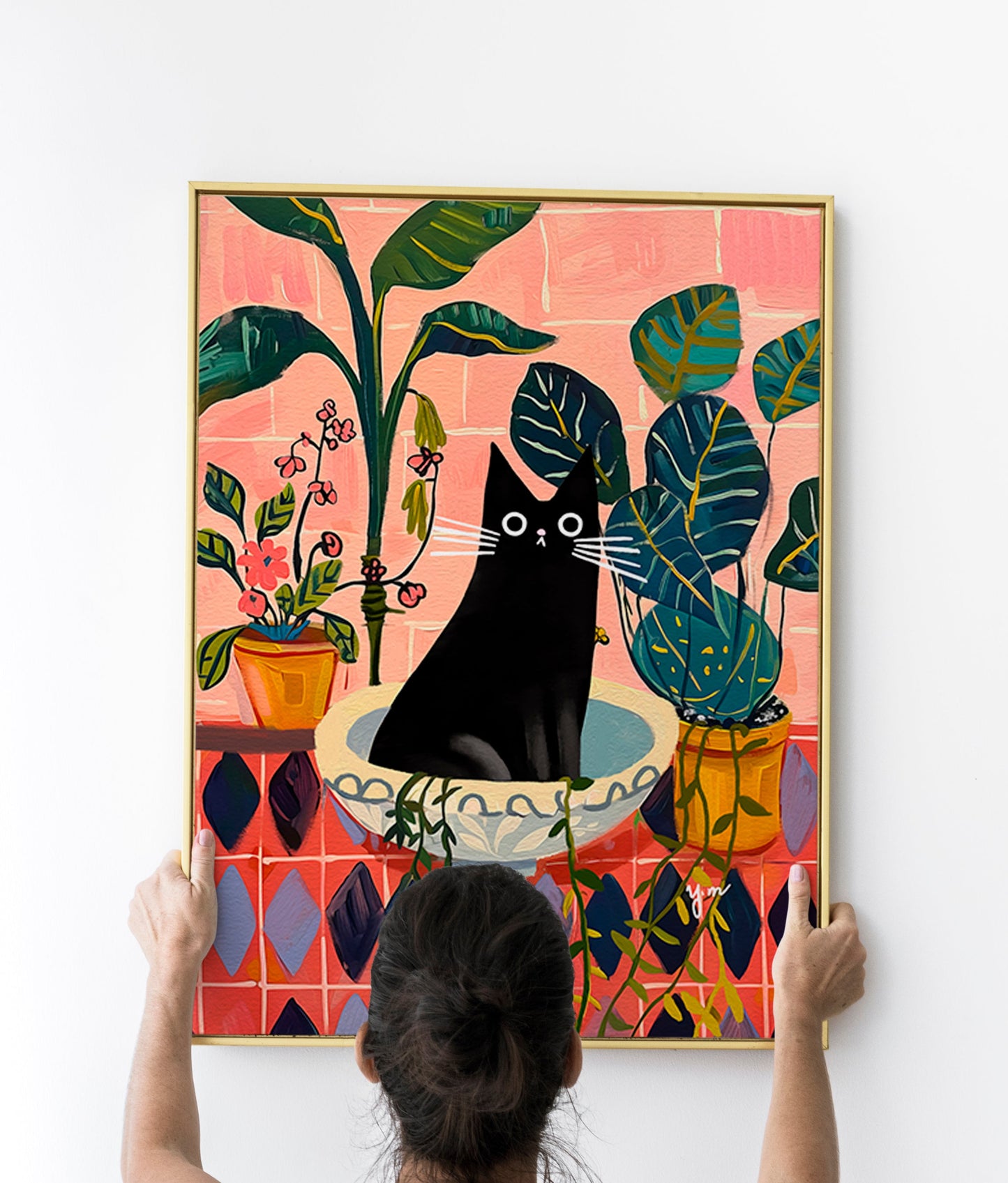 Black Cat Art Print in Tropical Indoor Garden Whimsical Illustration for Plant and Cat Lovers