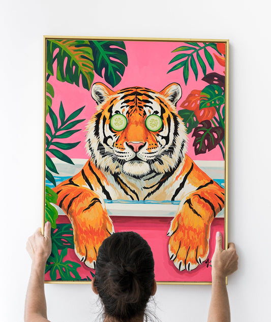 Tropical Tiger Bathtub Print – Maximalist Dopamine Decor for Jungle Bathroom | Fun Animal Wall Art Funny Jungle Animal Print
