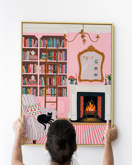 Cozy pink reading room illustration with bookshelves, fireplace, striped armchair, and a black cat resting.