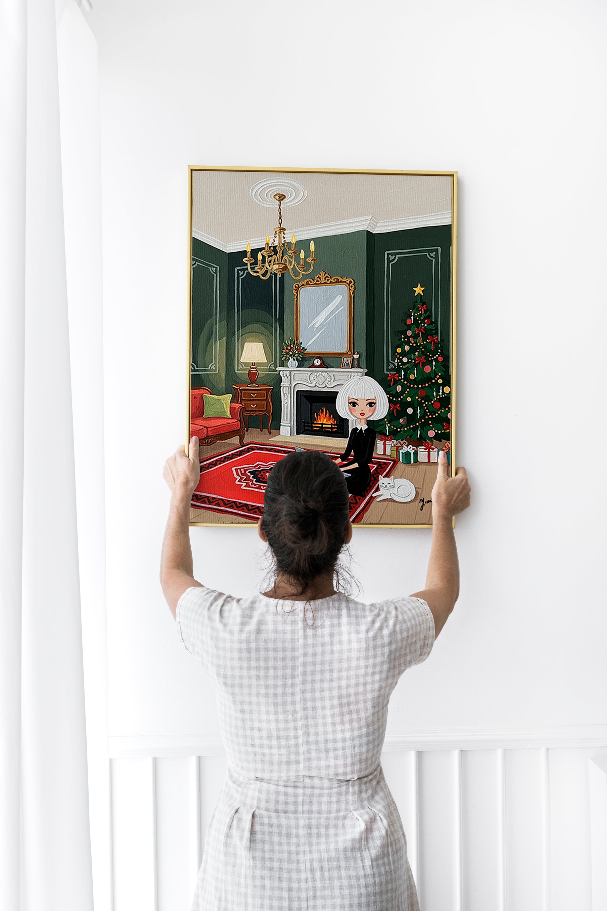 Illustration of a chic woman with short white hair sitting on a red rug using a laptop beside a fireplace, with a decorated Christmas tree and a white cat resting nearby in a cozy holiday interior.