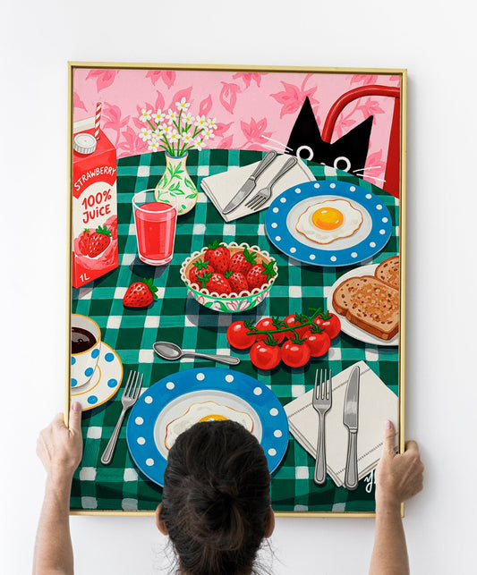A black cat curiously peeks over a cozy breakfast table set with sunny-side-up eggs, toast, cherry tomatoes, strawberry juice, and a vintage blue polka-dot dish set. The whimsical, colorful scene creates a warm, cheerful morning atmosphere perfect for cat lovers and kitchen art enthusiasts.
