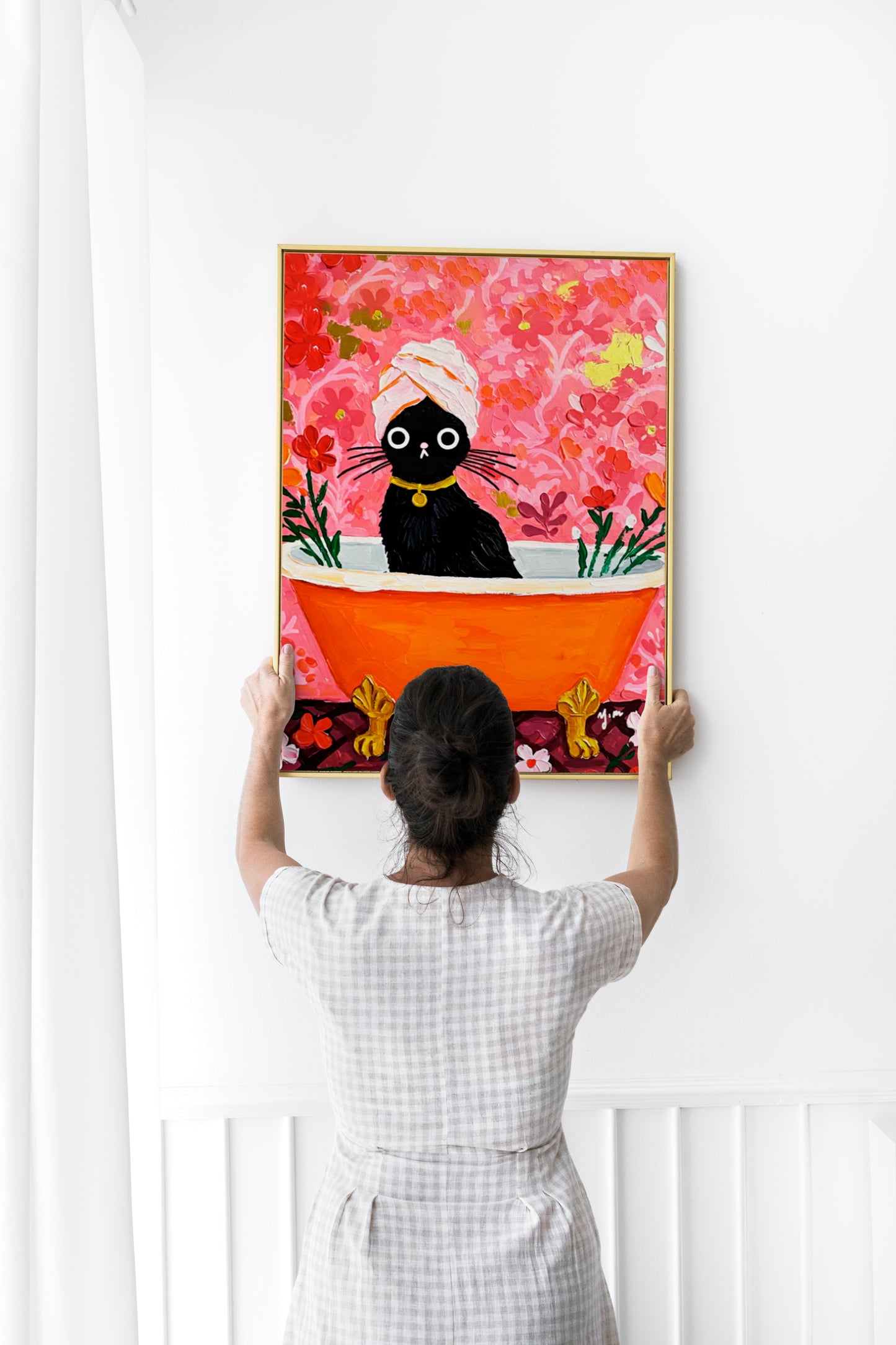 Black cat taking a bath in vivid orange pink minimal bathtub art print modern wall decor for bathroom