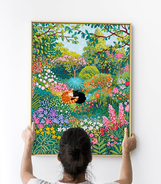 Botanical Flower Garden with Couple Cat Print Poster Plant Cat Print living room modern cat poster Vibrant Colorful Floral Art Watercolor Cat