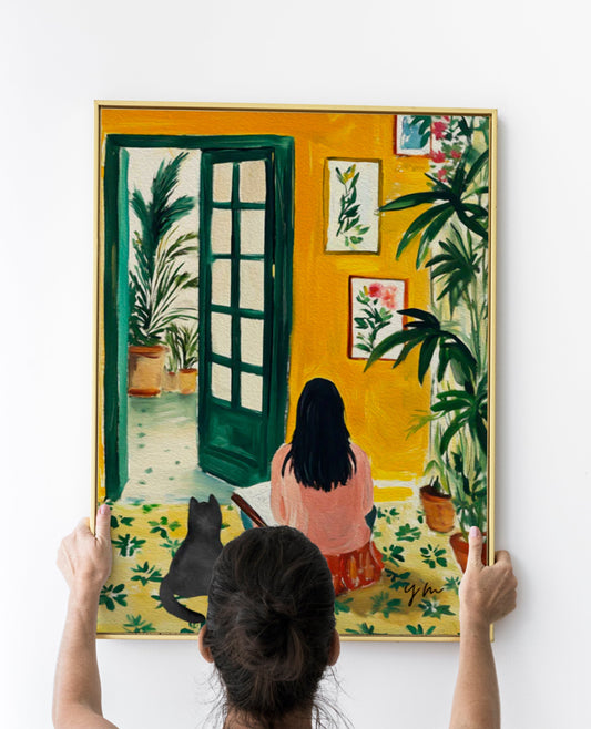 Colorful digital art print featuring a whimsical crazy cat lady theme with playful kitty illustrations, lush leaf fig plants, and an open door scene. Inspired by Henri Matisse’s bold style, this printable wall art brings vibrant, modern charm to bedrooms, living rooms, or home offices. Perfect gift for cat lovers and plant enthusiasts.
