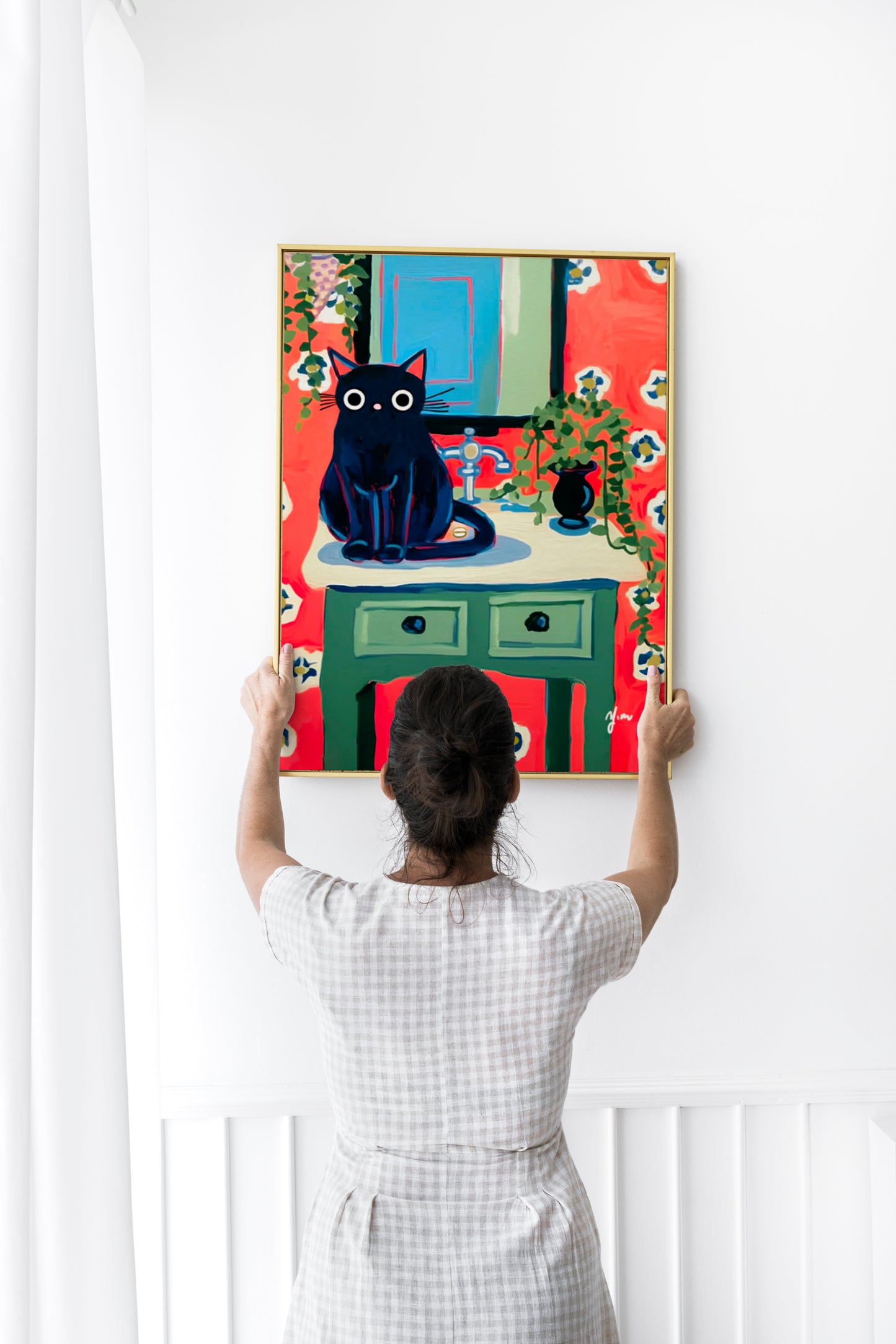 Whimsical Black Cat Bathroom Art Print with Retro Red Floral Wallpaper Print Poster