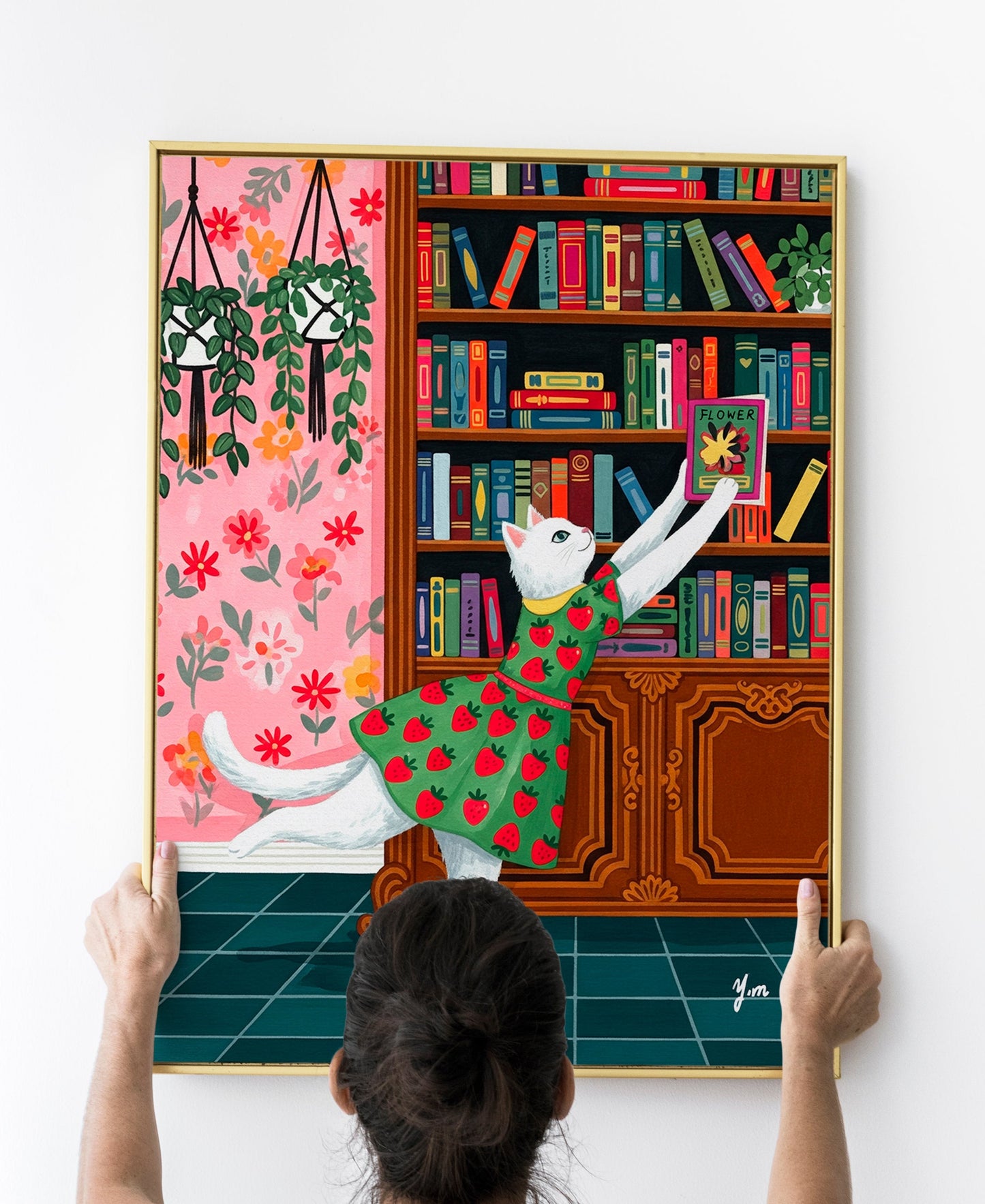 Cat Art Print White Cat in Strawberry Dress Reaching for Books Whimsical Library Wall Decor