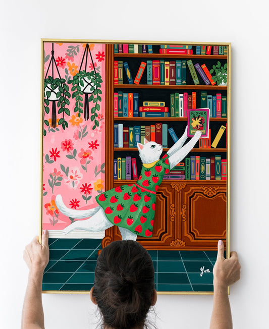 Cat Art Print White Cat in Strawberry Dress Reaching for Books Whimsical Library Wall Decor