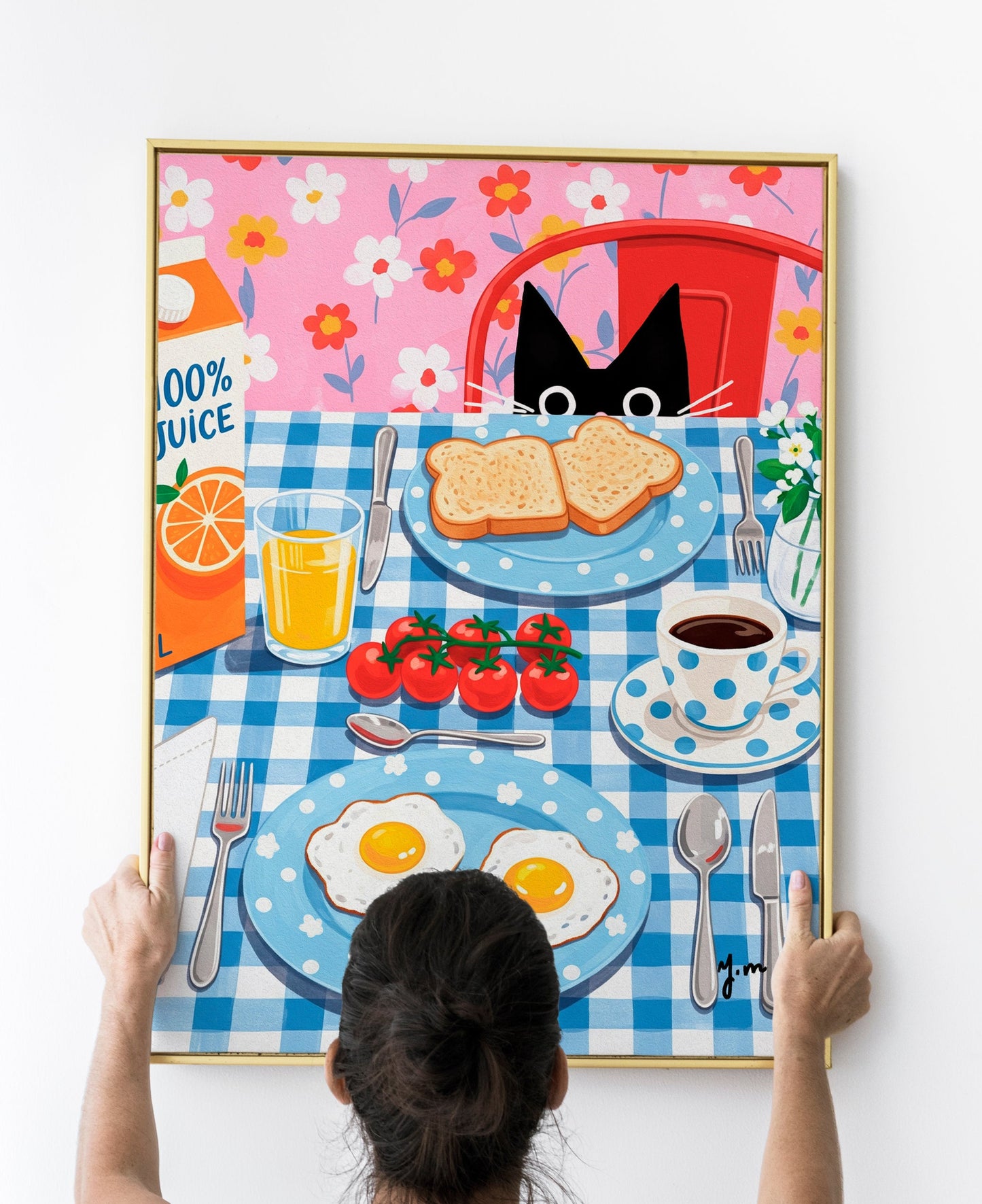 Black Cat Breakfast Art Print Whimsical Kitchen Decor with Eggs, Toast and Juice Print Poster