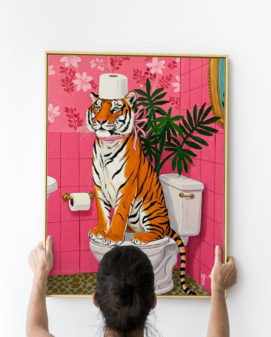 A colorful tiger sitting on a toilet in a tropical jungle-themed bathroom with bold dopamine colors and maximalist safari decor style


