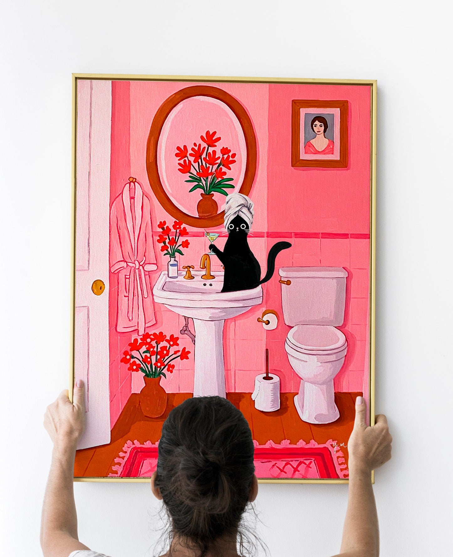 Black Cat with Martini in Pink Bathroom Sink Funny Cat Chic Bathroom Whimsical Cat Art