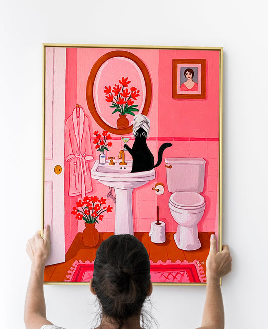 Black Cat with Martini in Pink Bathroom Sink Funny Cat Chic Bathroom Whimsical Cat Art
