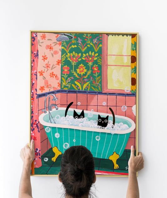 Maximalist Cat Couple Bathroom Art – Colorful Bubble Bath Wall Decor for Eclectic Interiors Poster Couple Cat Art Print
