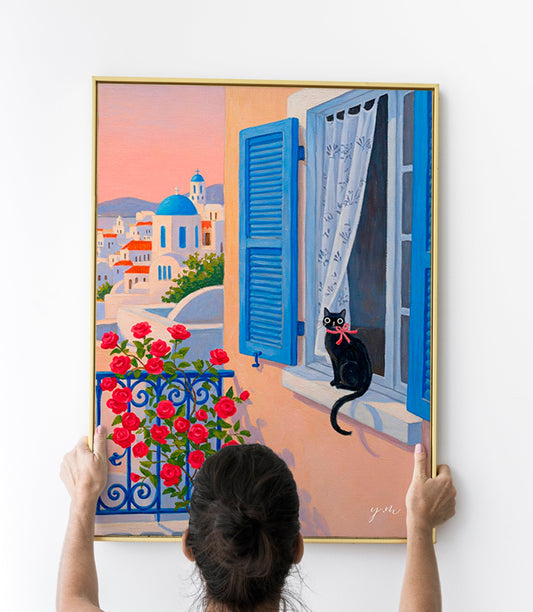 Santorini Cat Window Art – Black Cat with Red Bow in Greek Island Sunset, Mediterranean Wall Decor