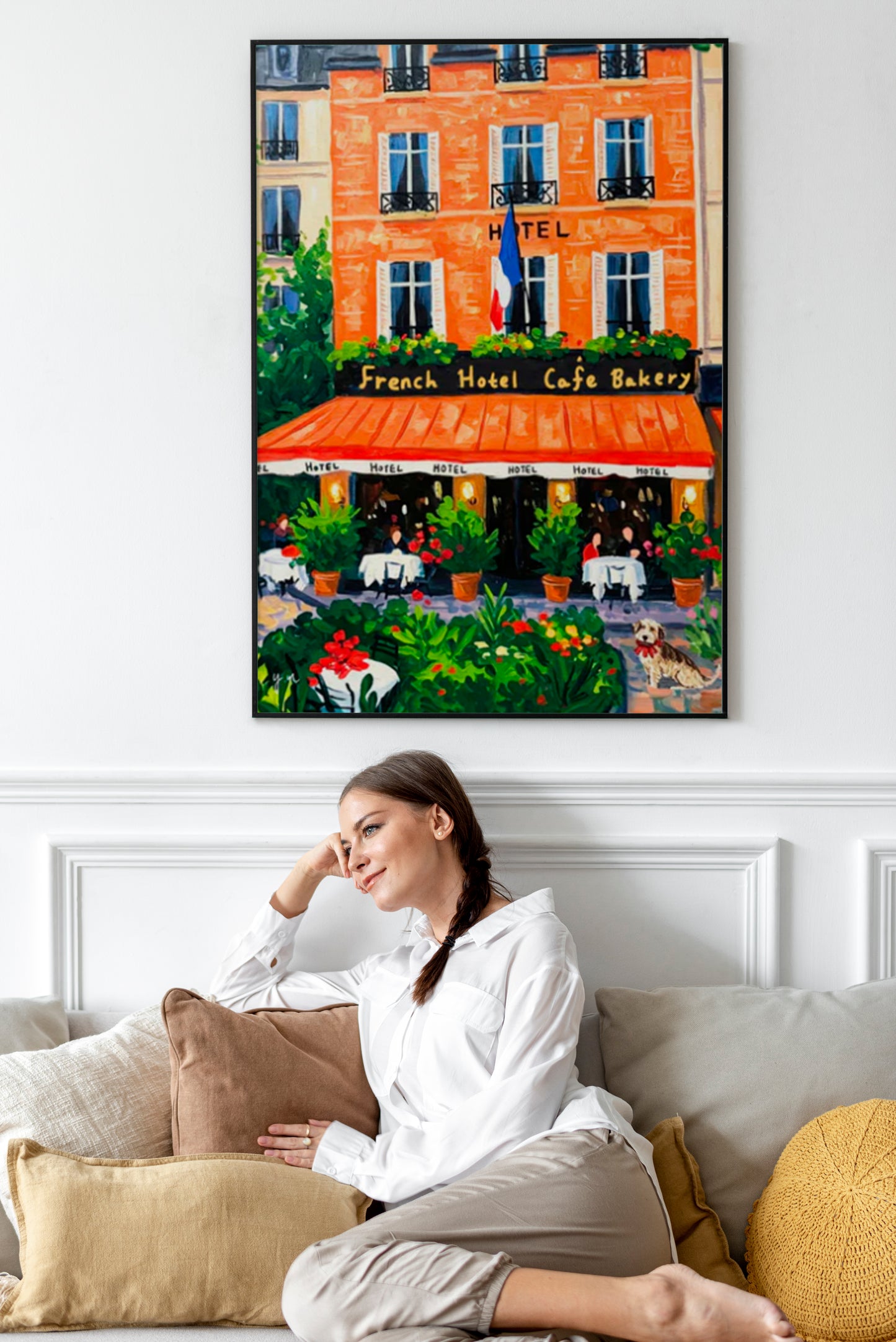 French Hotel Lobby Café Cozy Orange Interior with Garden and Cute Dog Poster, Breakfast Art, Brunch Café Interior Illustration