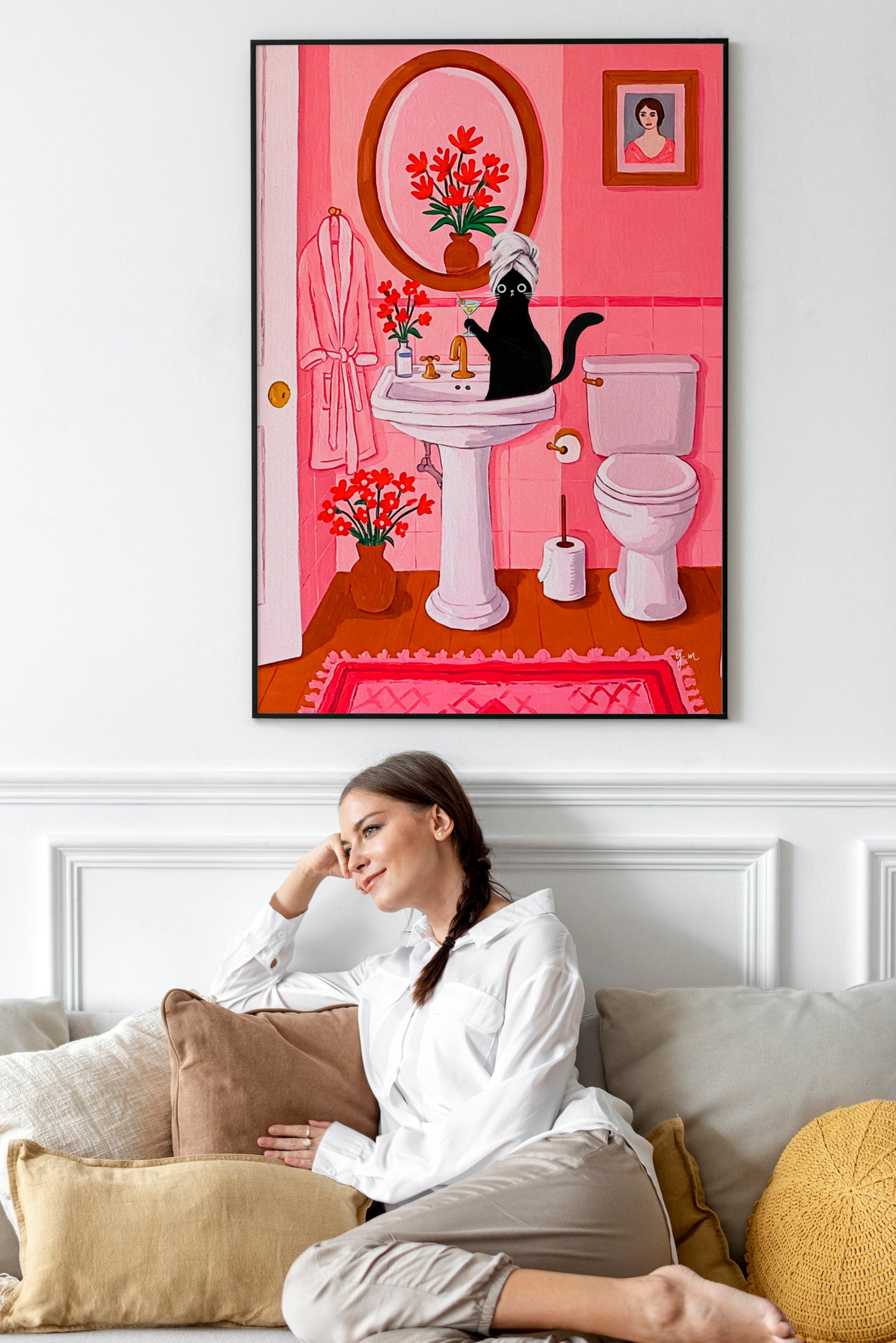 Black Cat with Martini in Pink Bathroom Sink Funny Cat Chic Bathroom Whimsical Cat Art