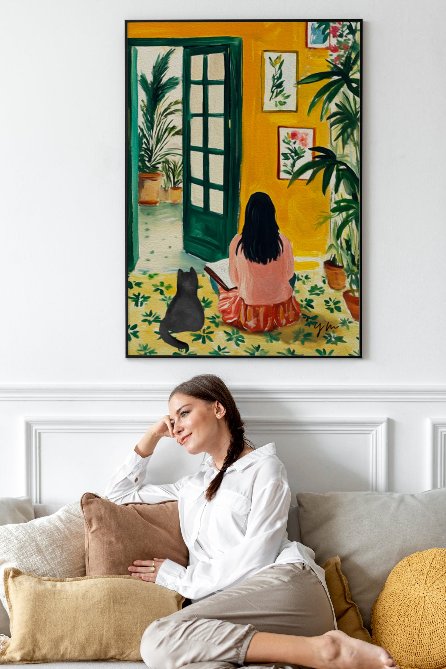 Crazy Cat Lady Art Print Poster Kitty Illustration Leaf Fig Plant Wall Art Colorful Poster Cat in Open Door Henri Matisse inspired wall art