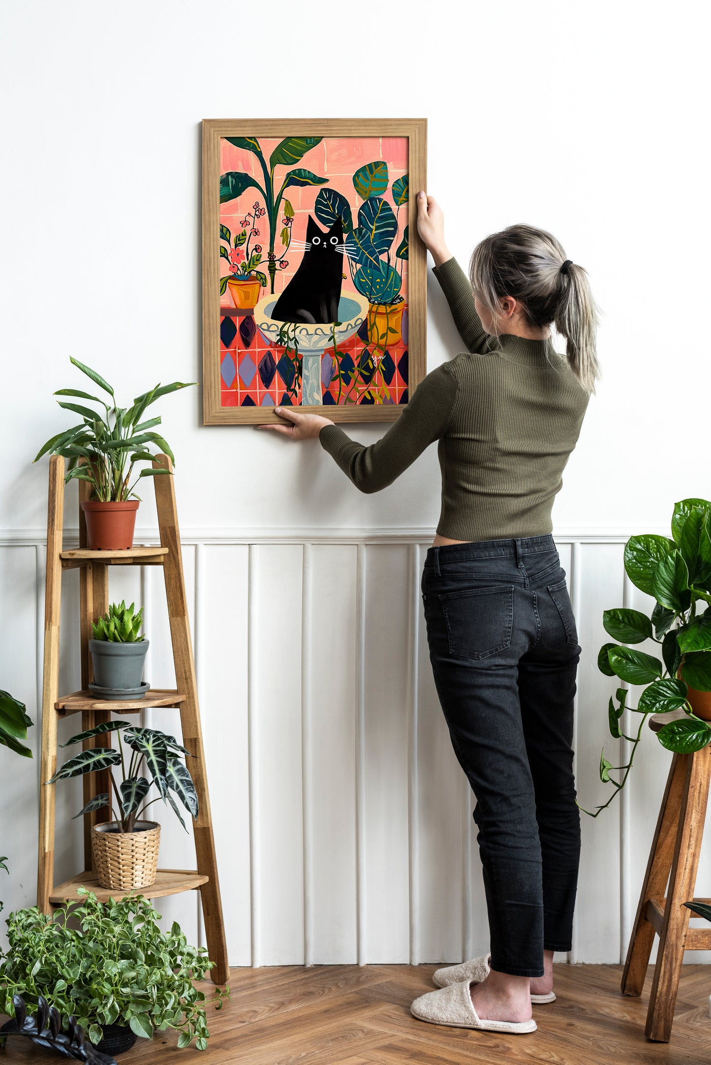 Black Cat Art Print in Tropical Indoor Garden Whimsical Illustration for Plant and Cat Lovers
