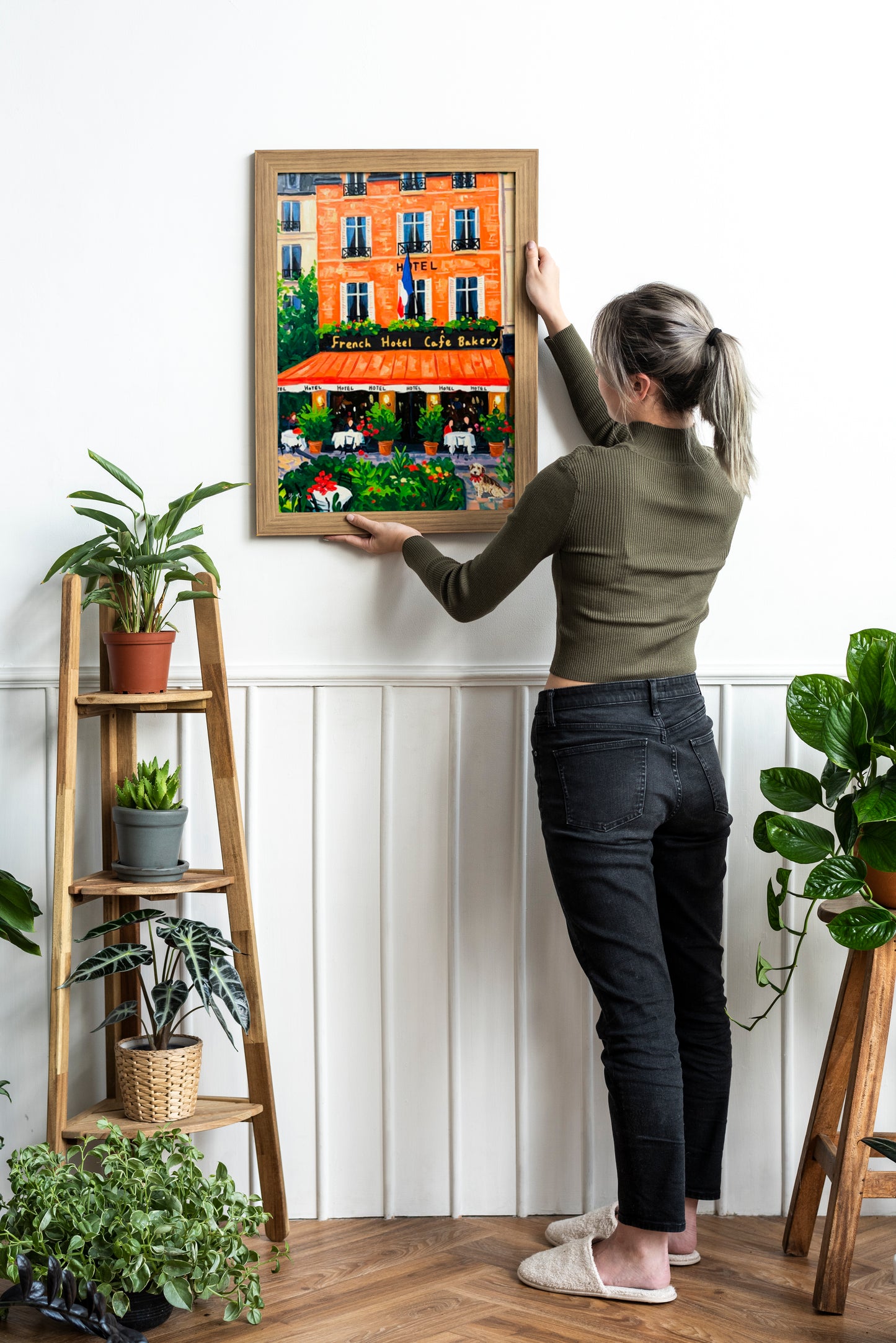 French Hotel Lobby Café Cozy Orange Interior with Garden and Cute Dog Poster, Breakfast Art, Brunch Café Interior Illustration