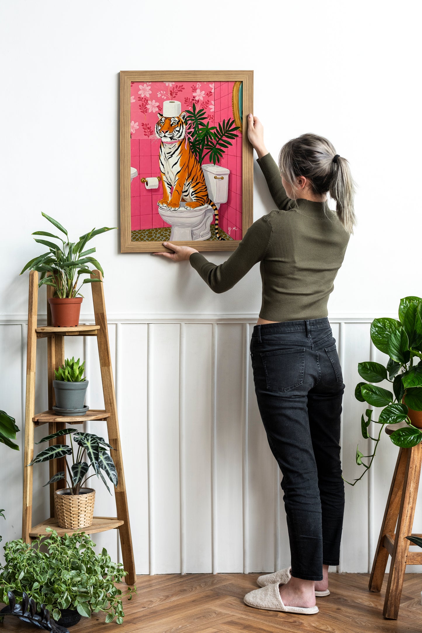 Bathroom Dopamin Color Tiger on Toilet Restroom Maximalist Fun Animal in Bath Tropical Bathroom Safari Print Eclectic Jungle Bathroom Art