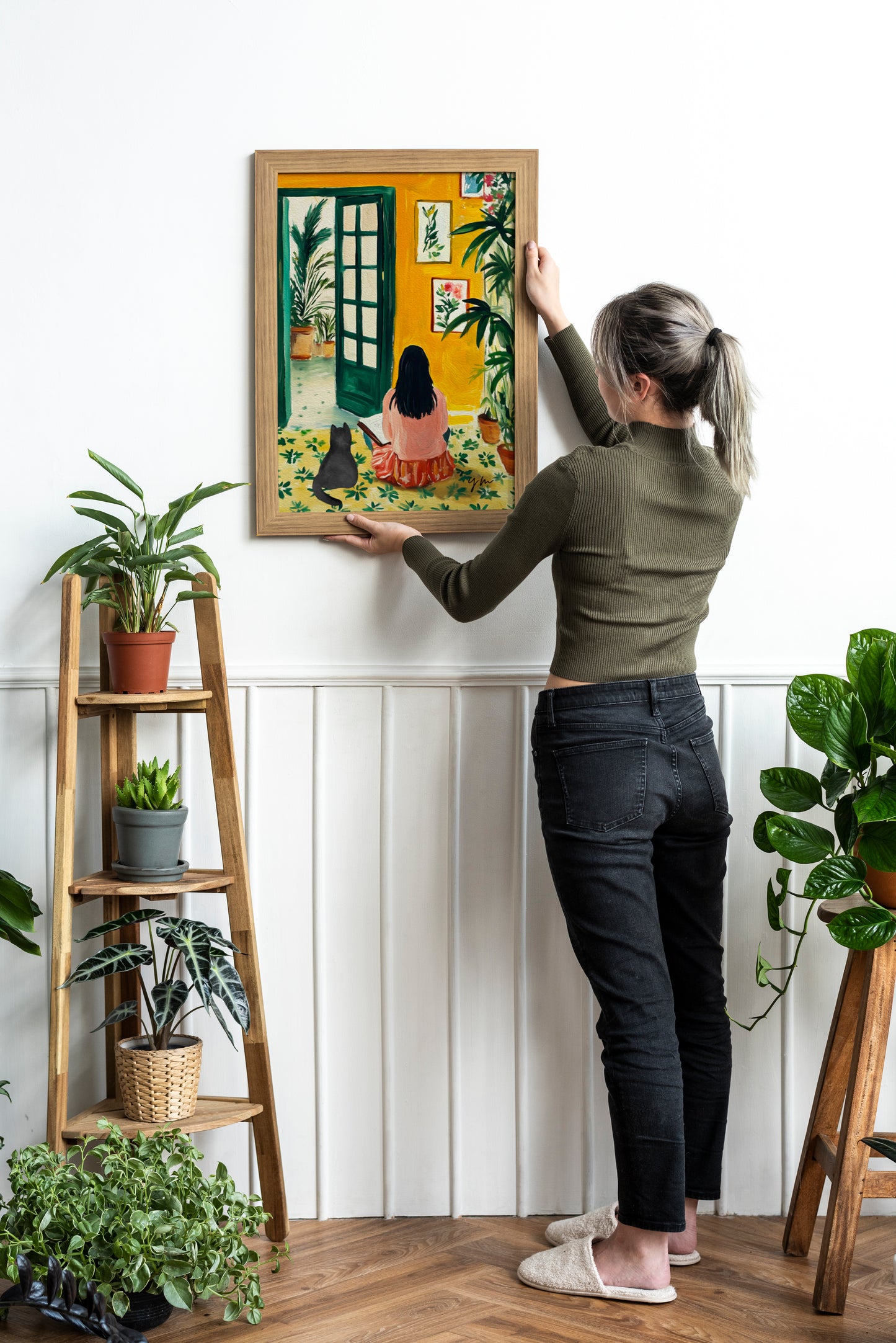 Colorful digital art print featuring a whimsical crazy cat lady theme with playful kitty illustrations, lush leaf fig plants, and an open door scene. Inspired by Henri Matisse’s bold style, this printable wall art brings vibrant, modern charm to bedrooms, living rooms, or home offices. Perfect gift for cat lovers and plant enthusiasts.