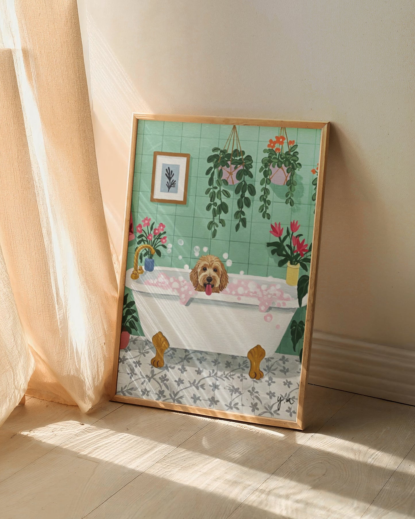 Cute Dog in Bubble Bath Wall Art Botanical Bathroom Print with Plants and Flowers Dog Lover Home Decor Poster