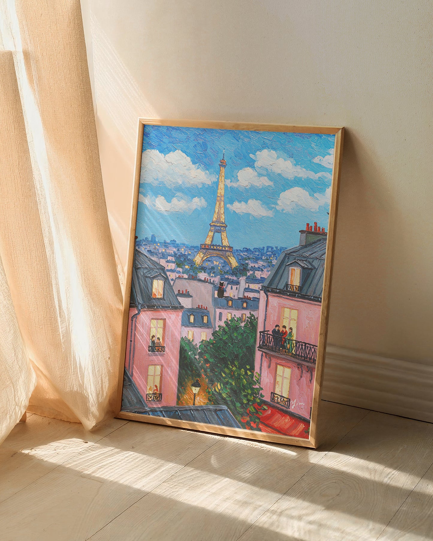 Paris Eiffel Tower Art Print Romantic Cityscape Wall Decor French Balcony Scene Poster