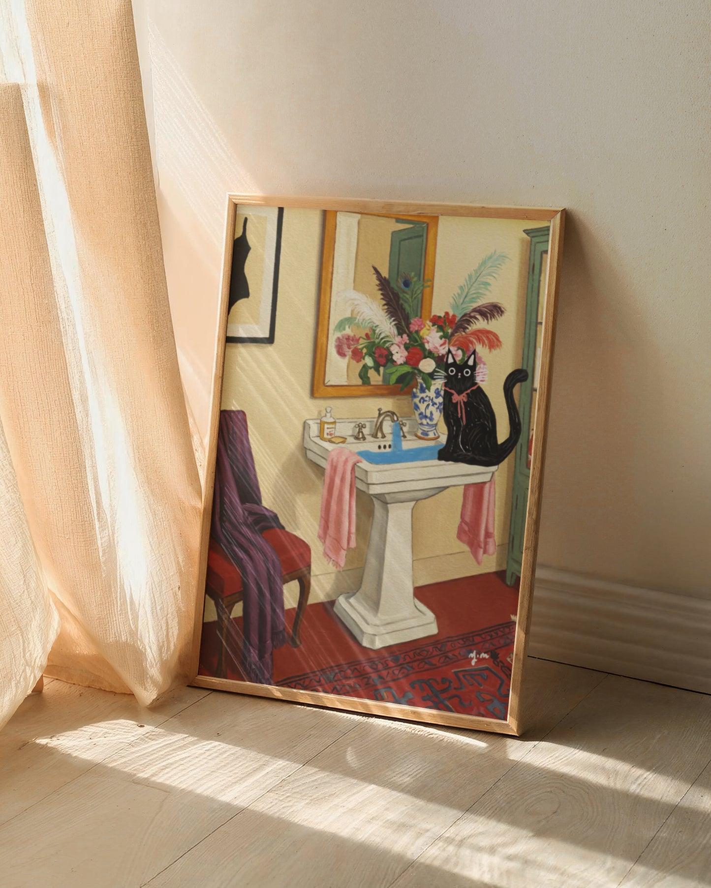 Black Cat Sitting on Sink Floral Bathroom Art Print Whimsical Vintage Interior Wall Decor with Feathers and Warm Colors by YunaMoona