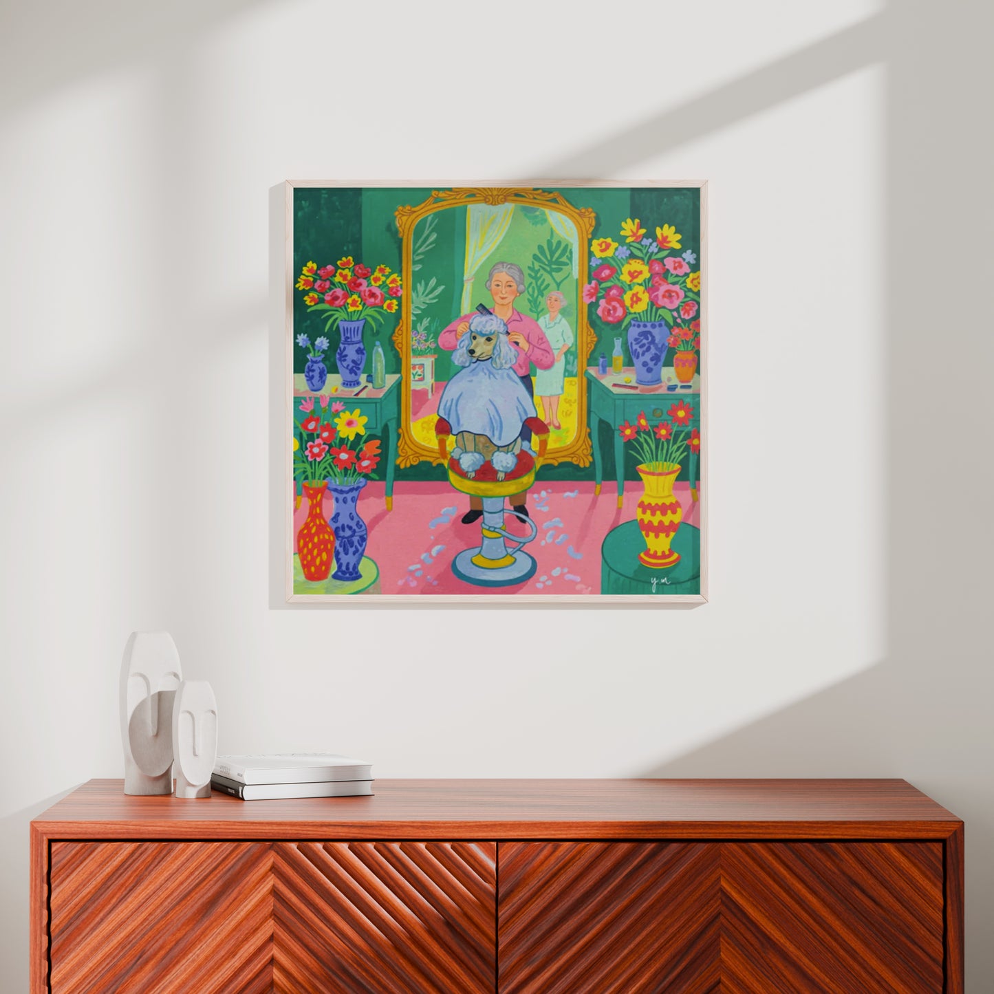 Toy Poodle Hair Salon Wall Art Green Floral Dog Grooming Illustration for Pet Lovers Poster