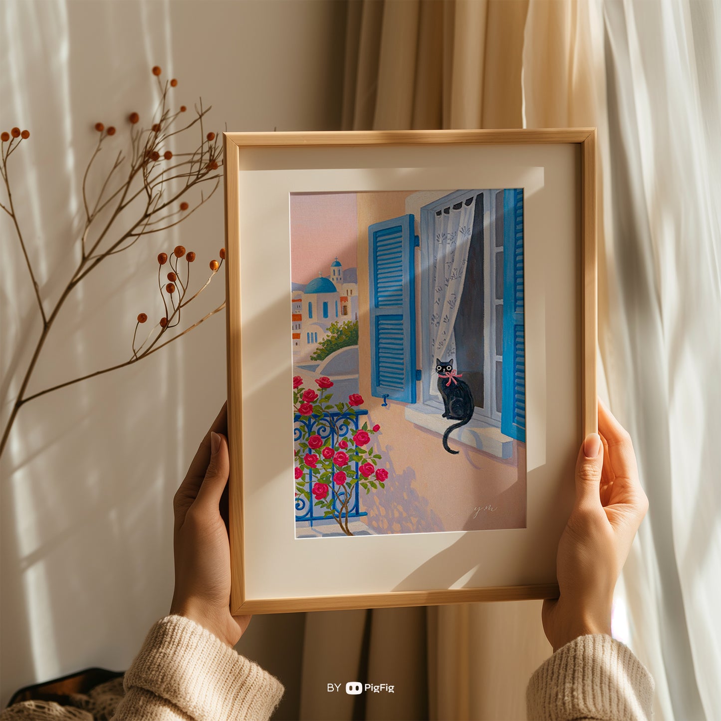 Santorini Cat Window Art – Black Cat with Red Bow in Greek Island Sunset, Mediterranean Wall Decor