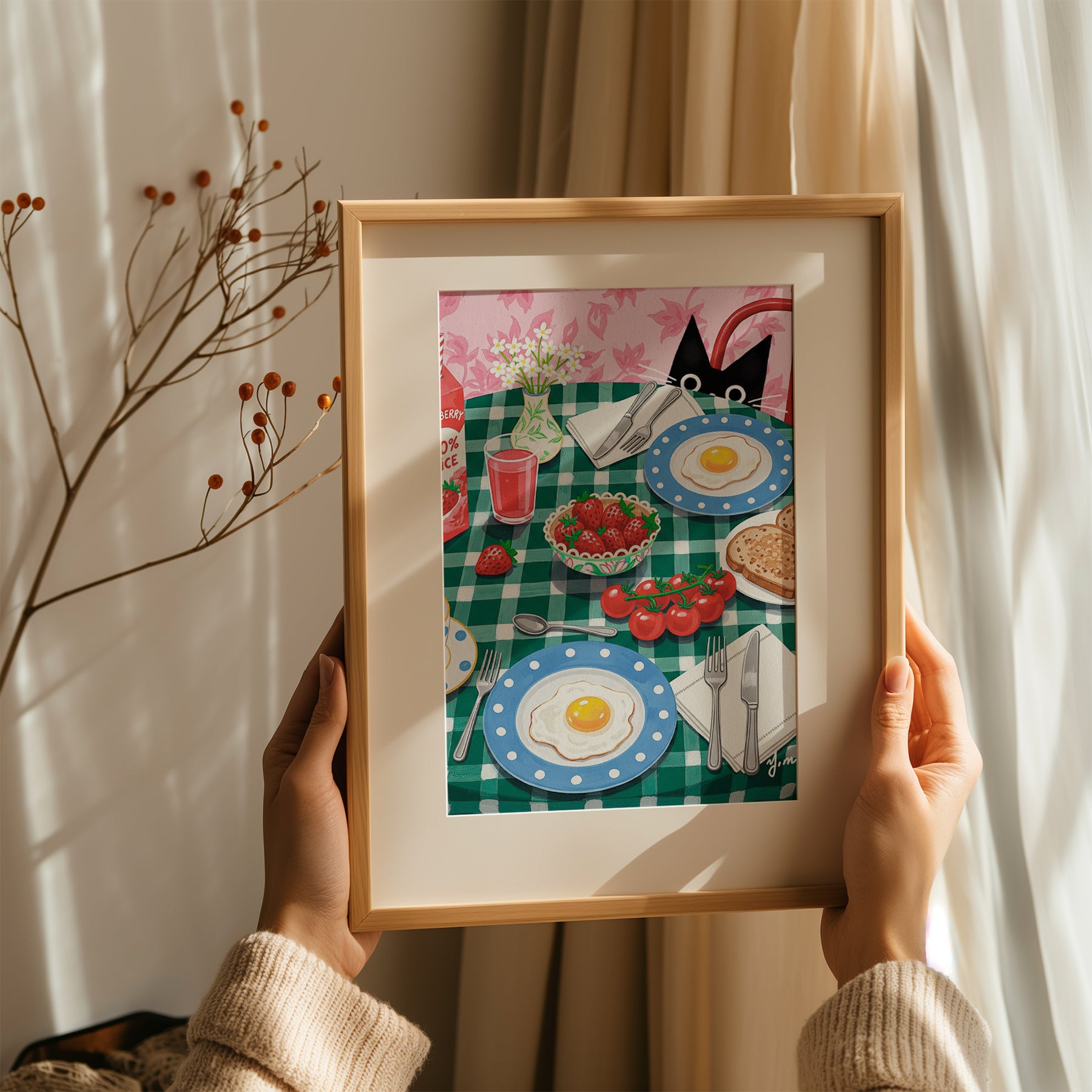 A black cat curiously peeks over a cozy breakfast table set with sunny-side-up eggs, toast, cherry tomatoes, strawberry juice, and a vintage blue polka-dot dish set. The whimsical, colorful scene creates a warm, cheerful morning atmosphere perfect for cat lovers and kitchen art enthusiasts.