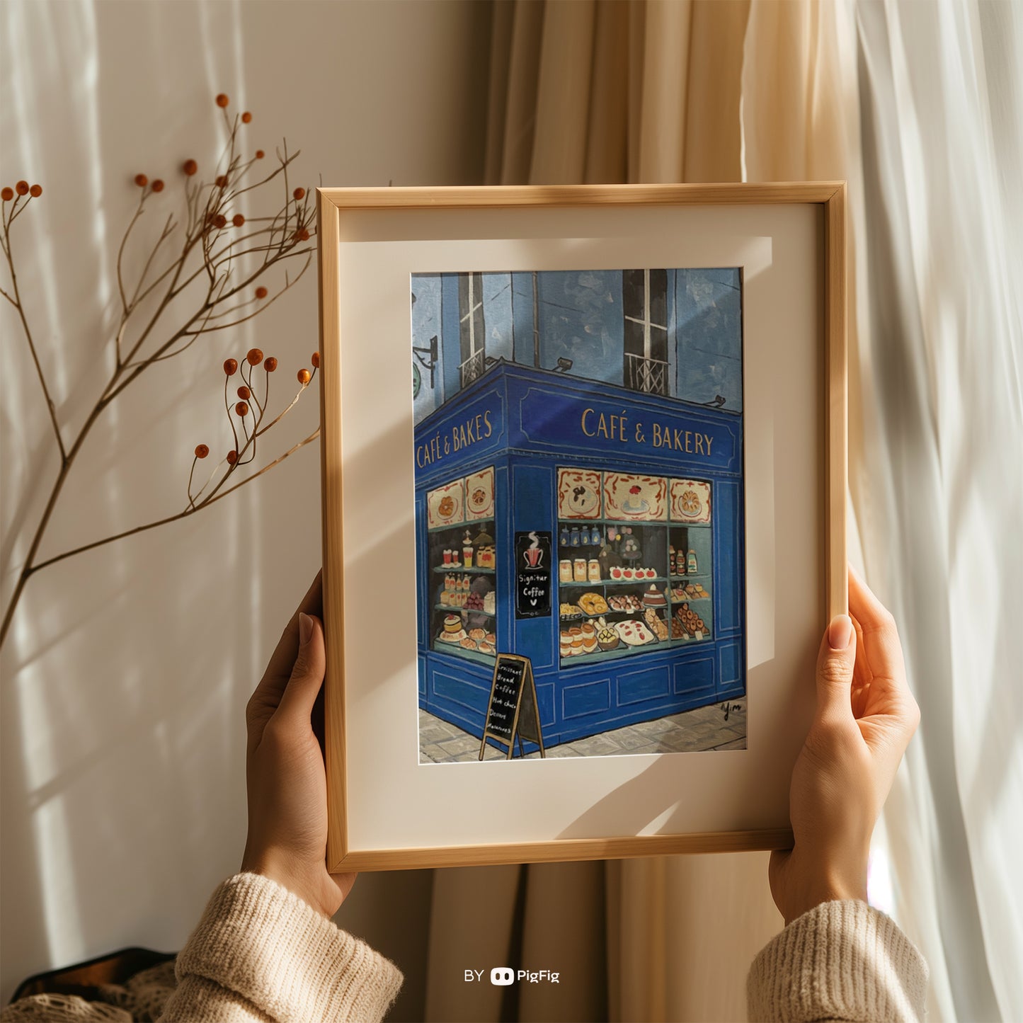 Whimsical blue Parisian café and bakery illustration with bread and pastries on a charming French street, perfect for kitchen wall decor