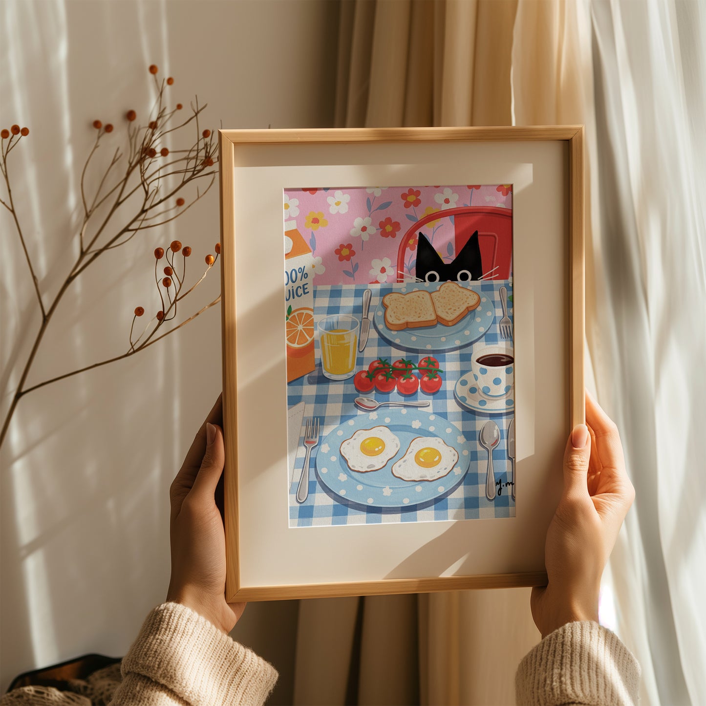 Black Cat Breakfast Art Print Whimsical Kitchen Decor with Eggs, Toast and Juice Print Poster