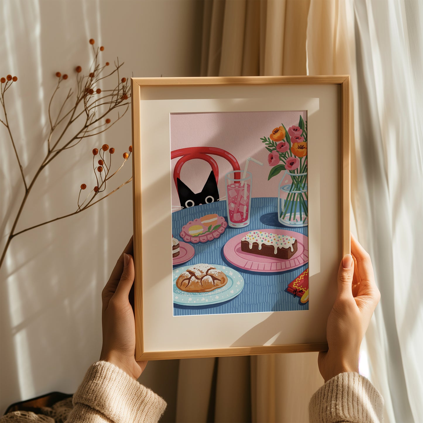 Curious Cat Dessert Table Art Print – Whimsical Sweets and Floral Illustration Poster