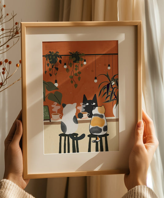 Three cartoon-style cats sit at a café counter sipping coffee. A black cat faces forward with a cup in hand, while a white and black cat and a calico cat sit on bar stools from behind. The warm orange background is decorated with hanging string lights and potted plants, creating a cozy café atmosphere.