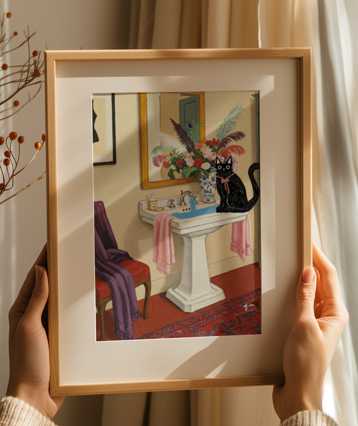 Black Cat Sitting on Sink Floral Bathroom Art Print Whimsical Vintage Interior Wall Decor with Feathers and Warm Colors by YunaMoona