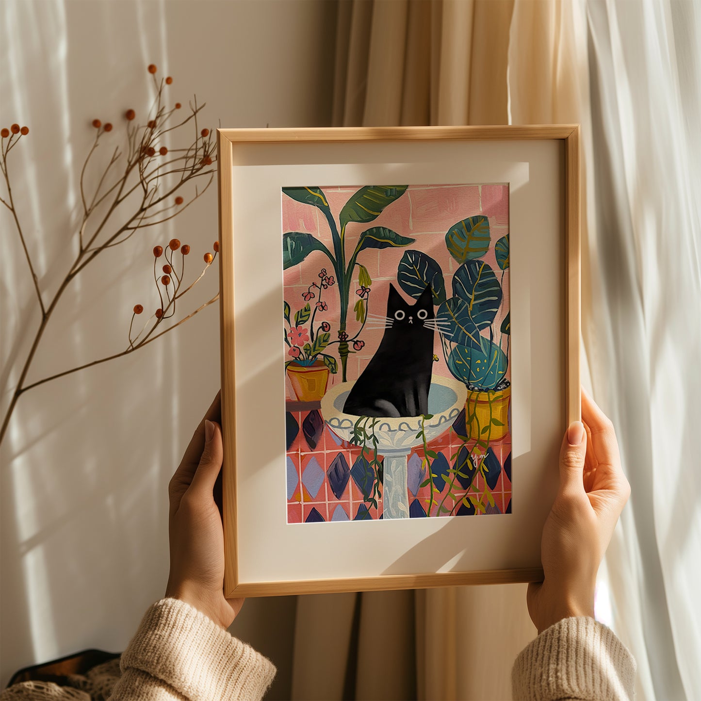 Black Cat Art Print in Tropical Indoor Garden Whimsical Illustration for Plant and Cat Lovers
