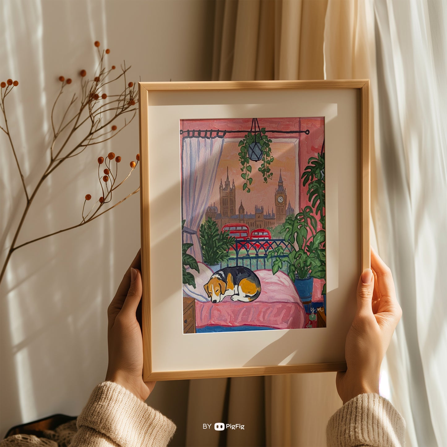 Sleeping dog on bed in a cozy plant filled room with a beautiful view of London cityscape Poster