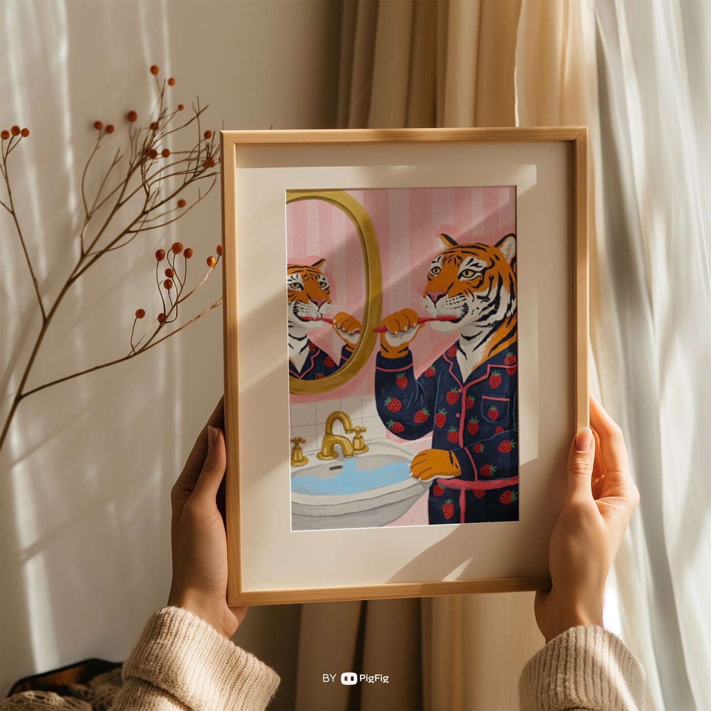 Tiger brushing teeth in pink bathroom mirror cute animal illustration fun kids room art print wall decor gift Poster
