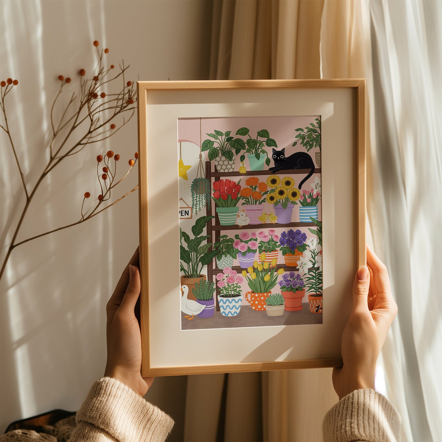 A whimsical illustration of a cozy flower shop filled with colorful potted flowers like tulips, roses, sunflowers, and lilies. A black cat lounges on a shelf, surrounded by cheerful ducks and a white goose. The scene is bright, playful, and perfect for spring or cottagecore decor.