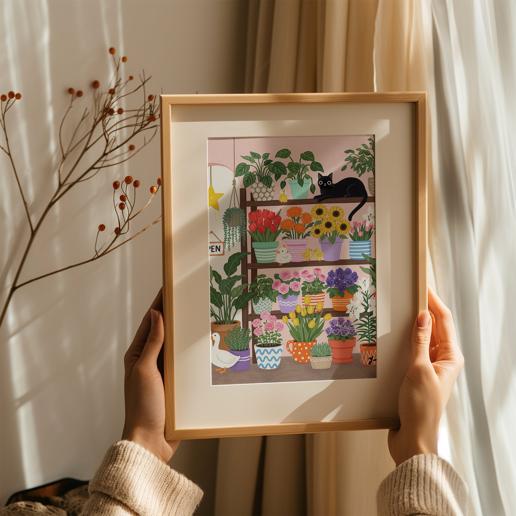 A whimsical illustration of a cozy flower shop filled with colorful potted flowers like tulips, roses, sunflowers, and lilies. A black cat lounges on a shelf, surrounded by cheerful ducks and a white goose. The scene is bright, playful, and perfect for spring or cottagecore decor.