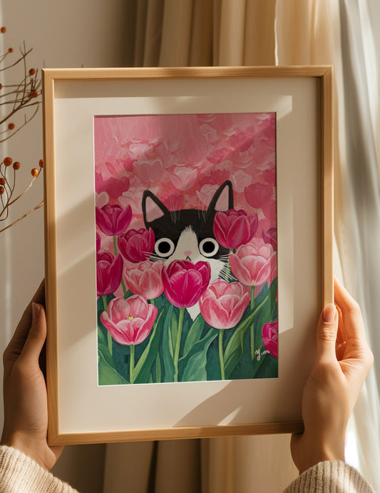 Cat Peeking Through Pink Tulips Art Print Cute Floral Wall Art for Cat Lovers Spring Nature Inspired Home Decor Botanical Animal Poster