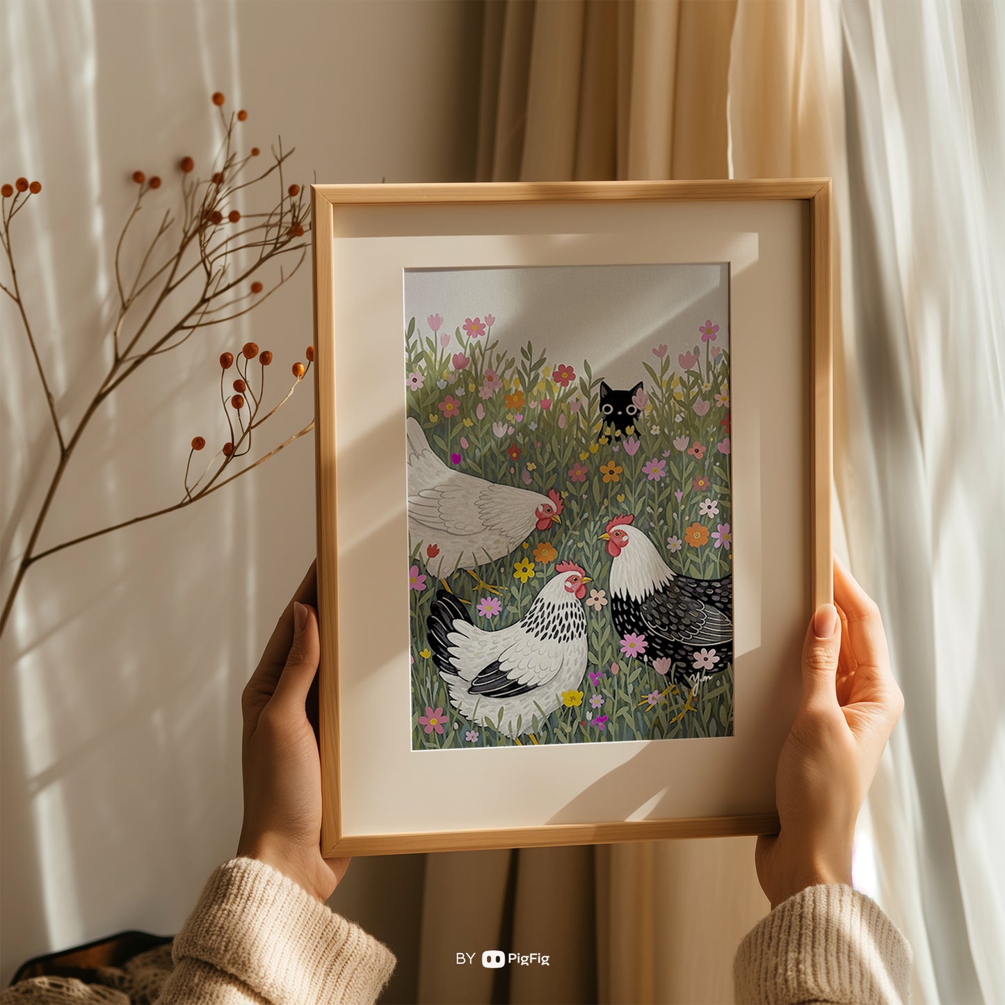 Cute Black Cat Hiding in Flower Field with Chickens – Whimsical Farm Animal Art by YunaMoona