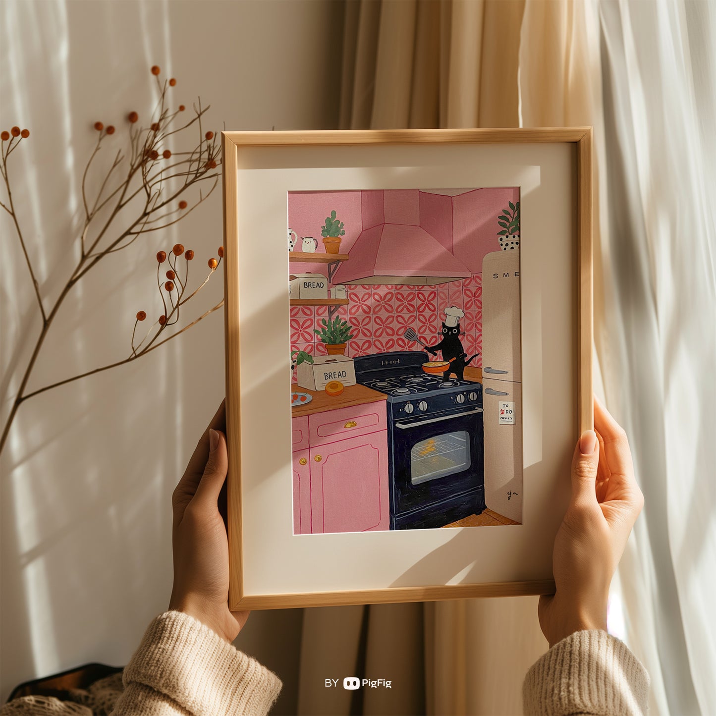 Trendy Aesthetic Black Cat Chef in Pink Kitchen – Cute Cooking Wall Art for Cat Lovers & Kitchen Decor Print Cat Lover Gift