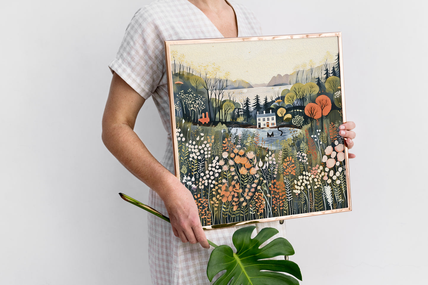 Black Cat in Pond with Summer Blooms Square Wall Art – Greenery Country Landscape Print Rare Farmhouse Floral Poster