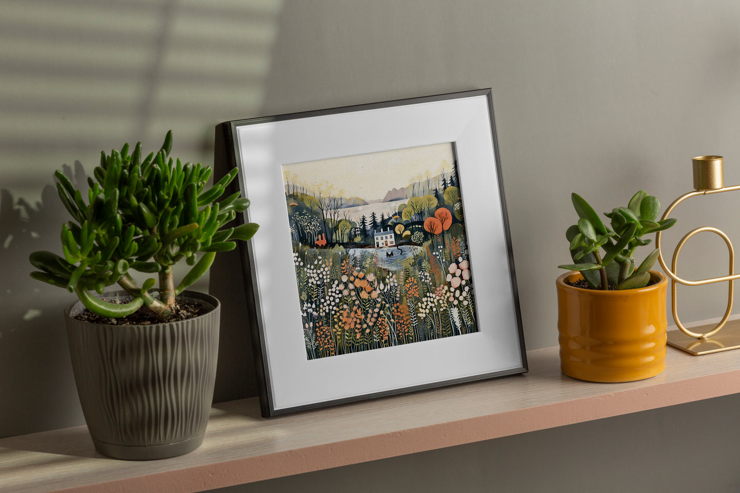 Black Cat in Pond with Summer Blooms Square Wall Art – Greenery Country Landscape Print Rare Farmhouse Floral Poster