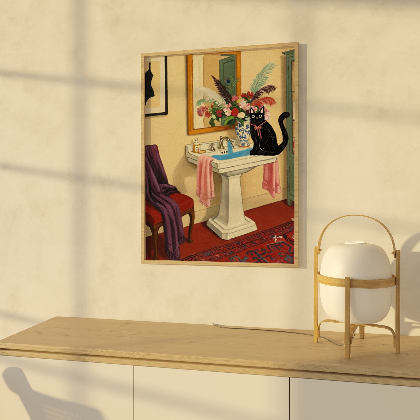 Black Cat Sitting on Sink Floral Bathroom Art Print Whimsical Vintage Interior Wall Decor with Feathers and Warm Colors by YunaMoona