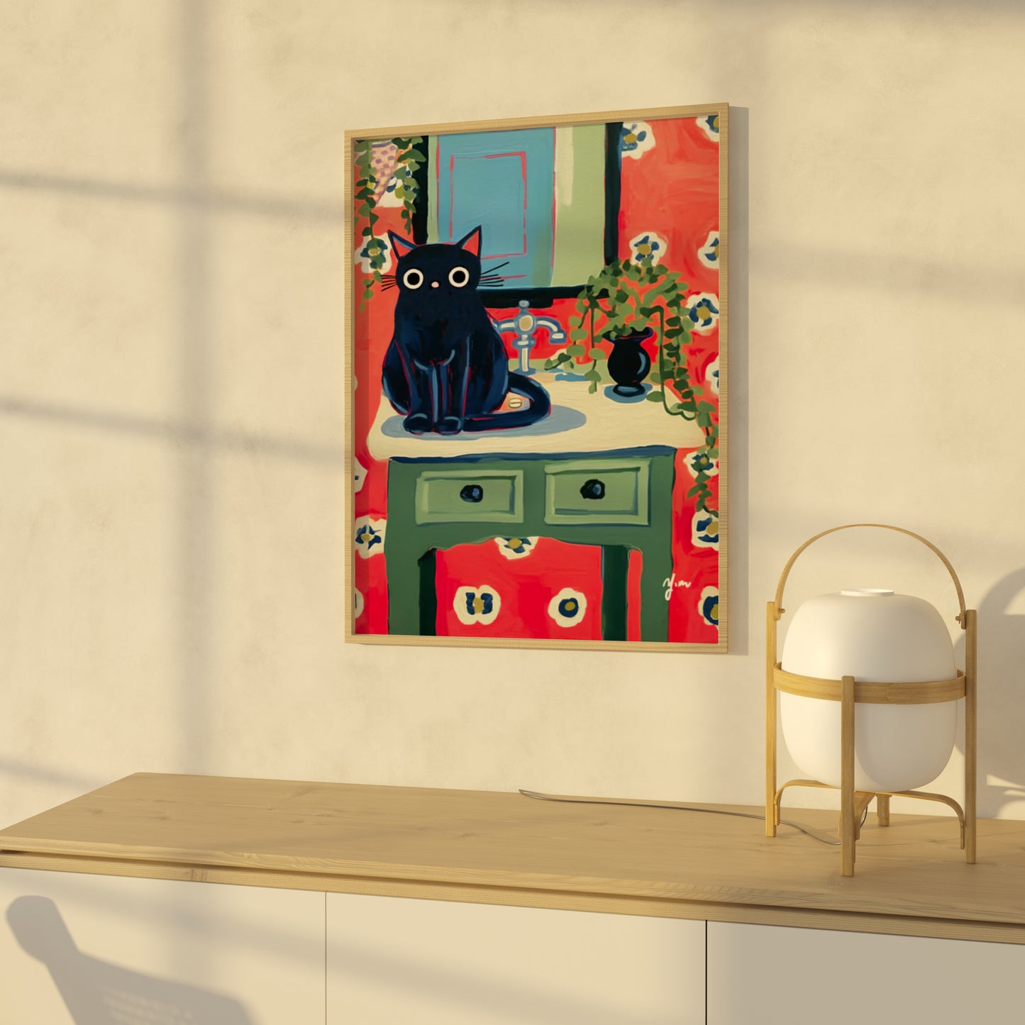 Whimsical Black Cat Bathroom Art Print with Retro Red Floral Wallpaper Print Poster