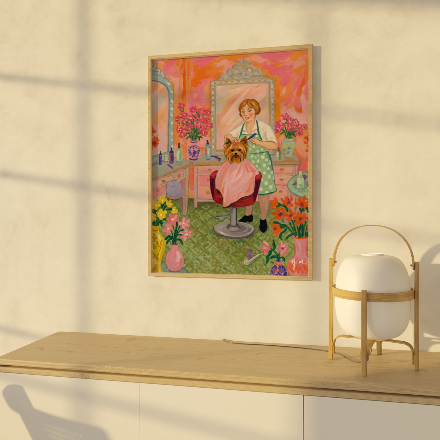 Yorkshire Terrier getting styled at hair salon vibrant pink and orange floral background cute dog art print wall decor Poster