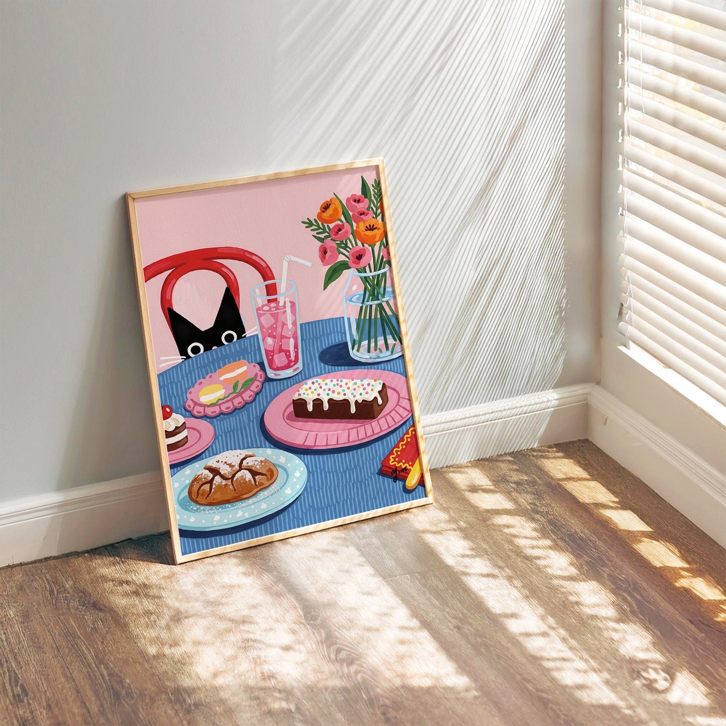 Curious Cat Dessert Table Art Print – Whimsical Sweets and Floral Illustration Poster